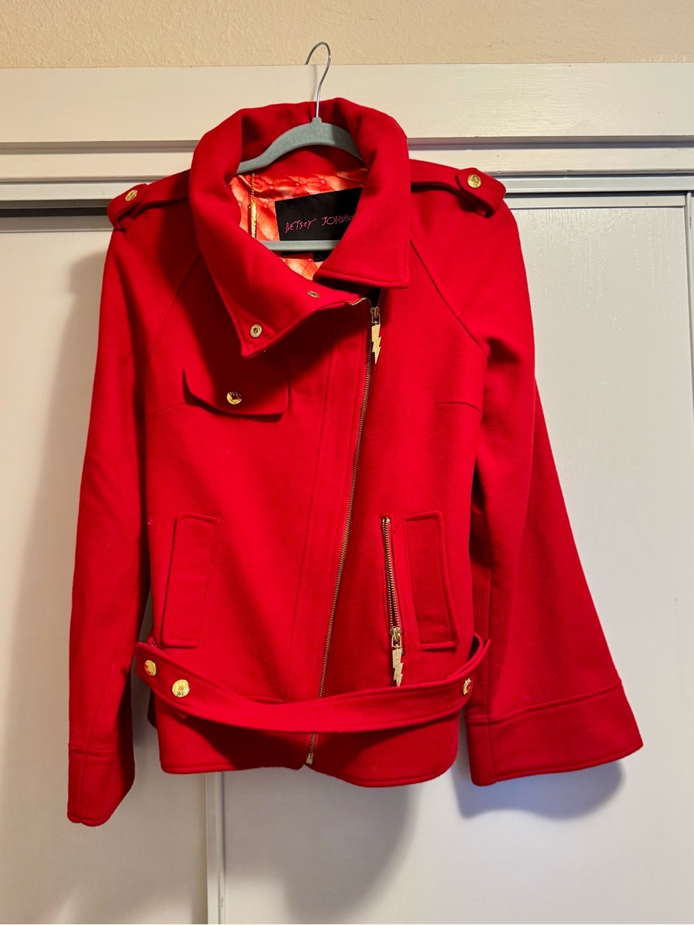 Betsey Johnson Vibrant Red Asymmetrical Pea Coat with Gold Buttons